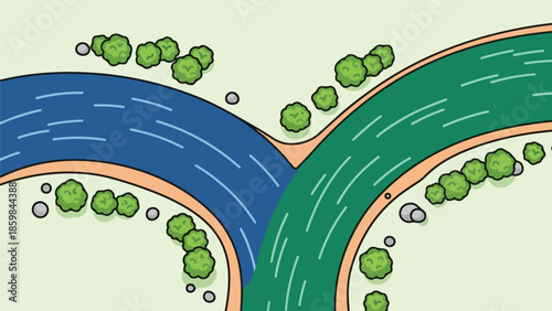 Vibrant aerial illustration shows two distinct waterways, blue and green, merging amidst a light green landscape with bushes and rocks, symbolizing