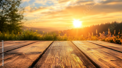 A tranquil sunset scene features a weathered wooden deck stretching toward a sunlit meadow. Soft golden light bathes the landscape, evoking serenity, relaxation, and a natural, outdoorsy mood perfect 