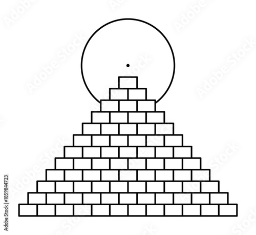Pyramid with 12 steps, and over the apex the astrological sun symbol, a circle with a dot in its center. Gradual and step-by-step ascent and initiation. Isolated black and white illustration. Vector