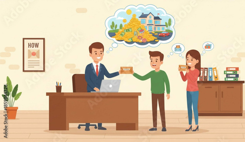 Flat design cartoon vector illustration, a boss is having a meeting with his employees in a coffee shop.