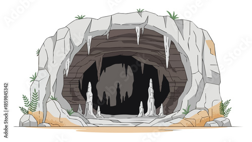 Cartoon depiction of a cave entrance with stalactites and stalagmites. Earthy rocks and green plants complete the natural setting, hinting at