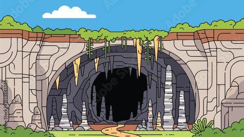 Mysterious cartoon cave entrance illustration with winding path and lush greenery under a clear blue sky