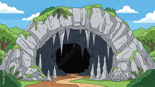 Cartoon depiction of a mysterious cave entrance winding path vibrant nature