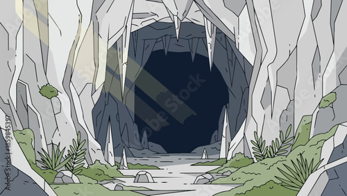 An expansive subterranean cave interior featuring intricate stalactites and stalagmites with a flowing underground stream and mossy rock formations