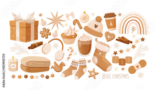 Vector collection of Christmas-themed illustrations in a beige pastel color palette includes wrapped gift box, christmas tree ornament, gingerbread cookies, warm drinks, knitted textile and clothes