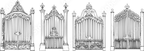 Set of Vintage gate Outline vector illustration isolated On Transparent Background
