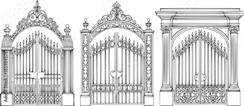 Set of Vintage gate Outline vector illustration isolated On Transparent Background
