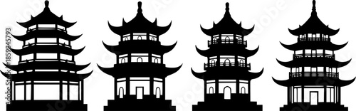 Set of Chinese pagoda Outline vector illustration isolated On Transparent Background
