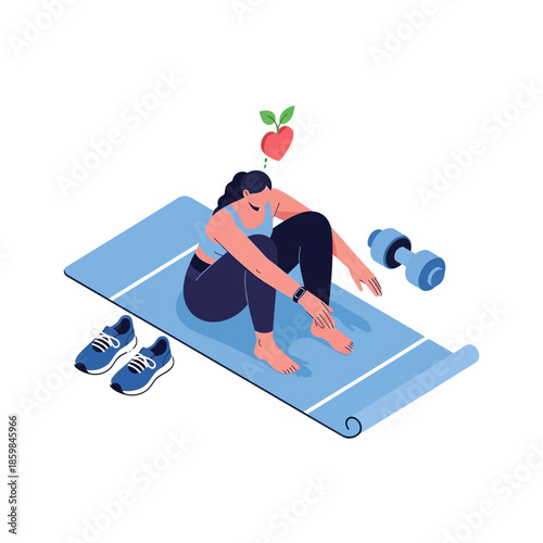 Woman relaxing on yoga mat after workout, heart symbol above head, dumbbell and shoes