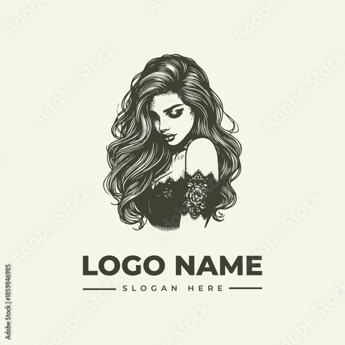 A grayscale illustration of a woman with long wavy hair and a floral top against a clean background, featuring a logo and slogan placeholder.