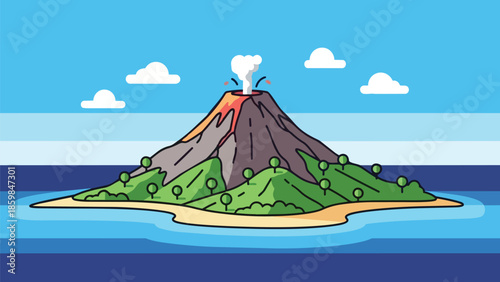 This vibrant cartoon depicts a striking volcanic island, active with smoke billowing from its summit. Lush green land and sandy shores meet clear