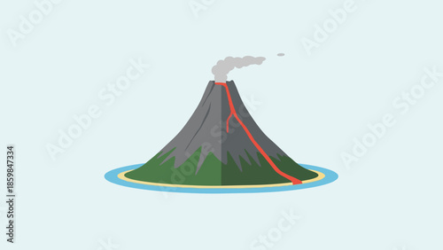 Simplified volcanic island eruption illustration with flowing magma and smoke plume over ocean waters a dynamic natural phenomenon rendered in