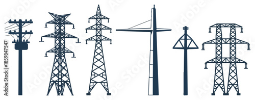 Collection of diverse electricity transmission towers and poles, power line pylons, and utility infrastructure silhouetted against white