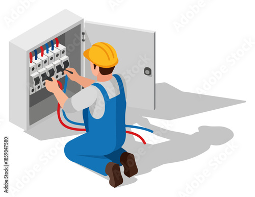 Electrician installing wires in electrical panel.