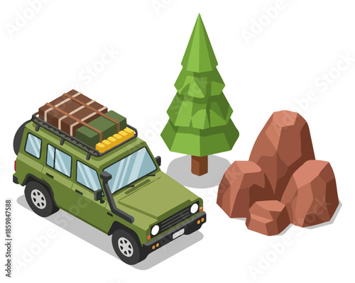 Green off road suv with luggage by rocks and tree.