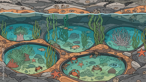 Vibrant intertidal ecosystem illustration showcasing diverse marine life within intricate rocky tide pools
