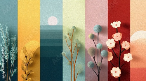 Vibrant Abstract Background with Colorful Plant Elements and Sun