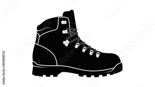 Simple black and white silhouette of a hiking boot on a white background