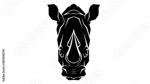 Striking black and white geometric illustration of a rhino head with sharp angular lines