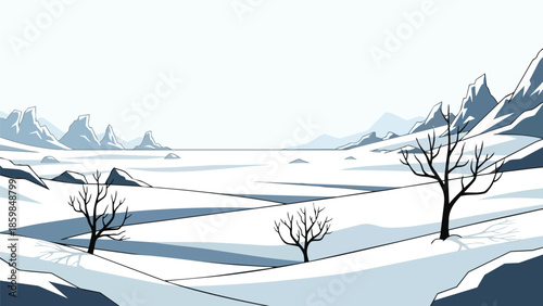 A pristine minimalist winter landscape illustration showcasing stark bare trees across a vast snowy field with angular mountain peaks in the serene