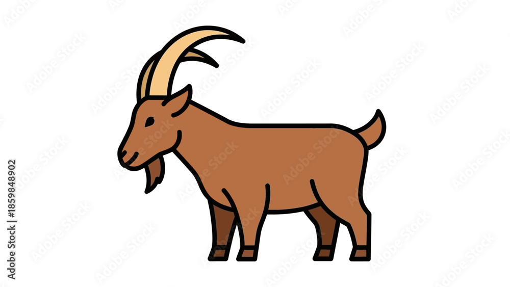 Fototapeta premium Stylized brown goat illustration with large curved horns and a beard on a white background