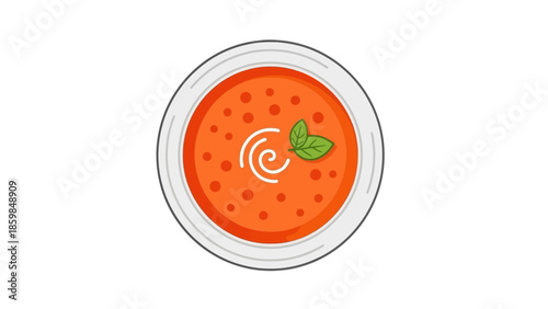 Stylized flat illustration of a delicious bowl of tomato soup with basil and swirl garnish