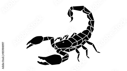 Stylized geometric black scorpion silhouette on a clean white background