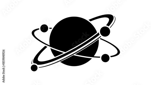 Stylized representation of atomic structure with orbiting electrons and nucleus