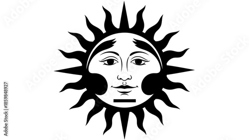 stylized sun face graphic illustration black and white with rays of light
