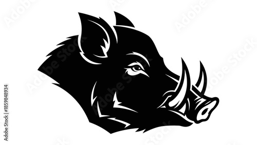 Stylized Silhouette Illustration of a Fierce Boar Head with Tusks