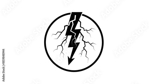 Symbol of a black lightning bolt with cracks inside a circle on a white background