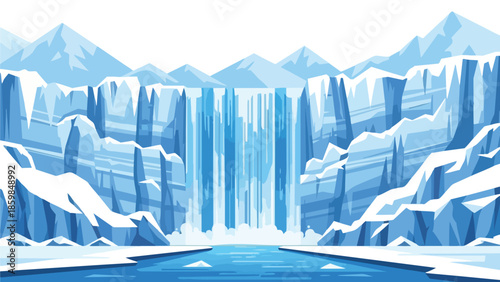 Majestic frozen waterfall cascades into icy river surrounded by towering glacial formations and distant snow-capped peaks an ethereal winter