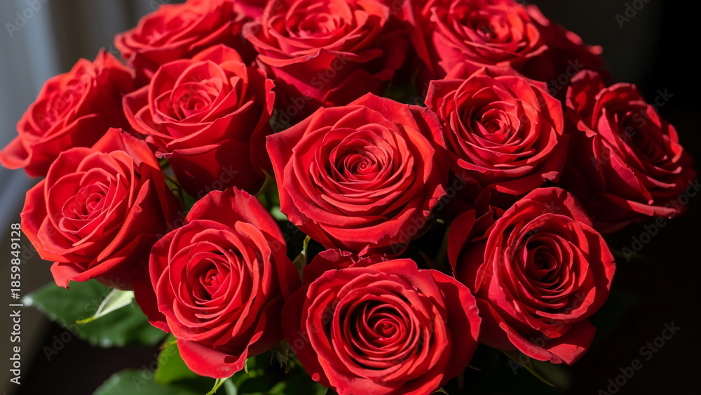 Obraz premium Bouquet of red roses for valentine, fresh flowers close up, romantic mood, natural light, dark elegant background, shallow depth of field, premium stock photo, no people, no text two