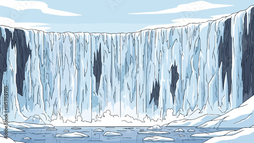 An illustrative depiction of an immense glacial wall dropping into a serene body of water, scattered with ice floes, under a cool, wintery blue sky
