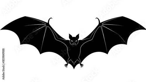 Silhouette of a black bat with outstretched wings against a white background