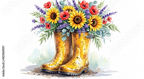 Sunflower Bouquet in Wellington Boots: A vibrant and colorful floral arrangement featuring sunflowers, poppies, and lavender blooms elegantly spilling from a pair of rustic wellington boots.