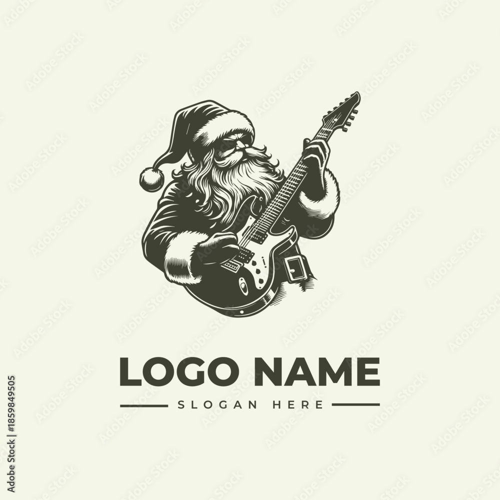 Naklejka premium A black and white illustration of Santa Claus playing an electric guitar with a logo name and slogan on a beige background.