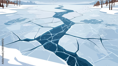 An expansive frozen water body displaying a significant central fissure revealing dark water beneath its shattered ice surface alongside