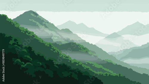 Expansive vista of layered green mountains shrouded in gentle mist, showcasing diverse tree lines and tranquil natural beauty, a serene wilderness