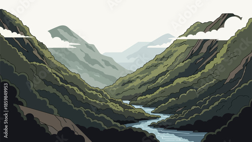 Serene mountain valley with flowing river under a peaceful sky, an illustrative scenic landscape