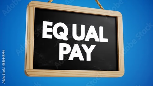 Equal Pay is displayed on a black chalkboard with white text, framed in wood, against a blue background. Key visuals include equality and financial fairness.