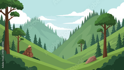 A verdant valley landscape illustration featuring rolling green hills majestic towering trees a clear serene sky and scattered rock formations