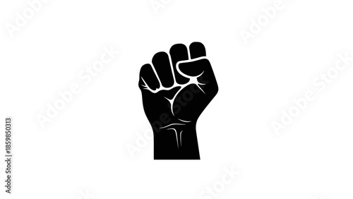 Black fist raised in protest, symbol of solidarity and resistance.