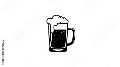 Monochrome vector illustration of a beer mug with foam on a white background.