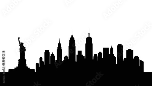 Silhouette of the New York City skyline with the Statue of Liberty.