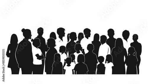 Silhouette of a diverse crowd of people standing together in unity.