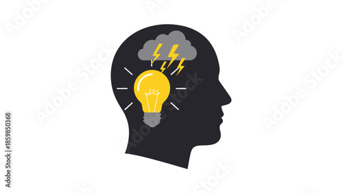 Human Head Silhouette with Lightbulb and Storm.