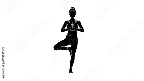 Silhouette of woman in tree yoga pose on white background.