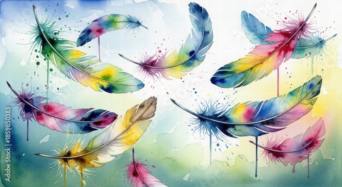 Colorful Feather Harmony: A captivating display of vibrant feathers, each a unique masterpiece of color and texture, floats gracefully amidst soft watercolor washes.