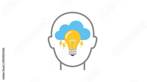 Human Head with Lightbulb and Cloud.